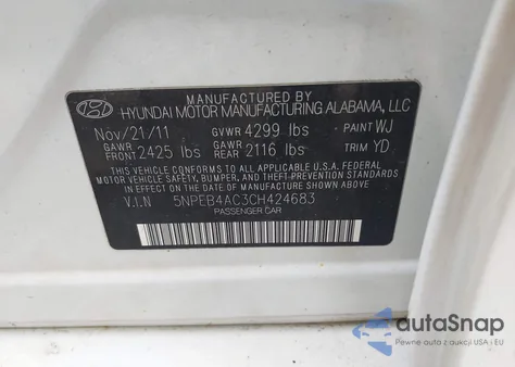 2012 Hyundai Sonata Gls z USA, uszkodzony, nr VIN 5NPEB4AC3CH424683